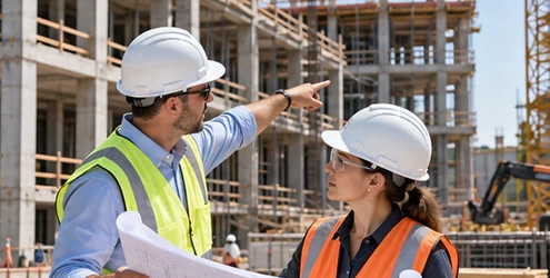 Engineer and construction manager review plans at an active building site, showing engineering and construction services together.