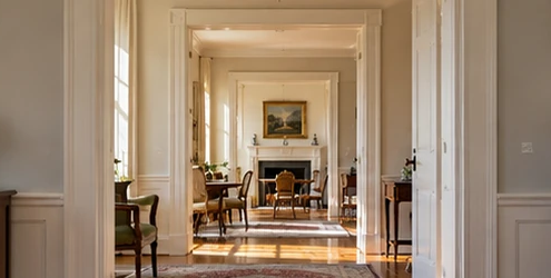 Aligned doorways frame a sequence of sunlit historic rooms, showing the enfilade layout and uninterrupted sightline through a classical home.
