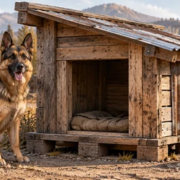 Reclaimed timber doghouse with a raised base, sloped corrugated roof, and German shepherd at the entrance in a post-apocalyptic settlement.