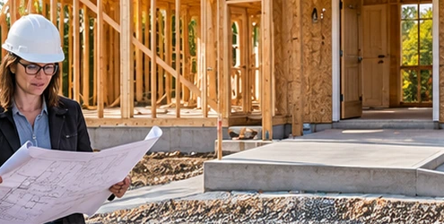 Inspector and residential designer review plans at a framed home with a step-free entrance, illustrating housing construction compliance checks.