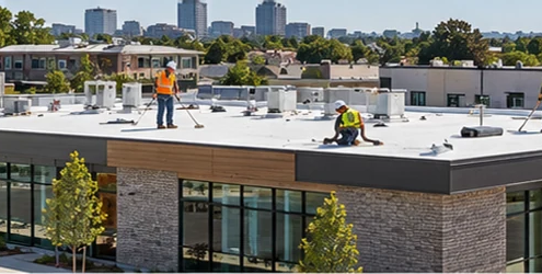 Crews inspect the broad flat roof of a low-rise building, illustrating horizontally oriented flat-roof construction.