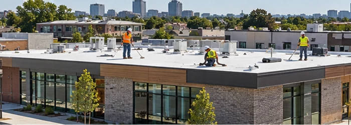 Crews inspect the broad flat roof of a low-rise building, illustrating horizontally oriented flat-roof construction.