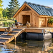 Floating wooden duck house on a stable pontoon platform, tethered to shore with a nonslip ramp for safe access and cleaning.