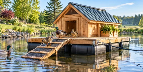 Floating wooden duck house on a stable pontoon platform, tethered to shore with a nonslip ramp for safe access and cleaning.