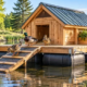 Floating wooden duck house on a stable pontoon platform, tethered to shore with a nonslip ramp for safe access and cleaning.