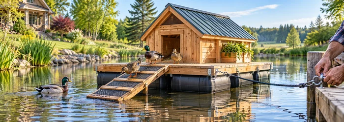 Floating wooden duck house on a stable pontoon platform, tethered to shore with a nonslip ramp for safe access and cleaning.