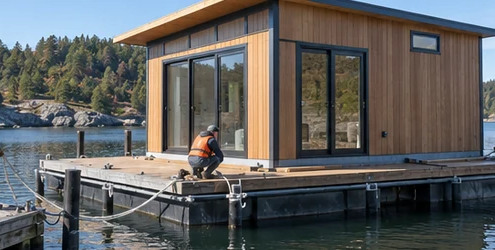 Modern floating house secured to a buoyant platform and moored on calm water as a crew aligns the deck and float system.