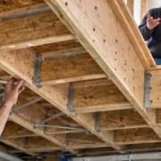 Engineer checks timber floor joists and bridging below a residential room to identify ways to reduce floor vibration.