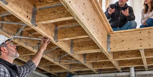 Engineer checks timber floor joists and bridging below a residential room to identify ways to reduce floor vibration.