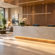 Public-facing commercial lobby with a reception counter, accessible visitor path, waiting area, and a separate staff corridor entrance.