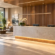 Public-facing commercial lobby with a reception counter, accessible visitor path, waiting area, and a separate staff corridor entrance.