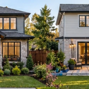 Street-facing entrance and private rear patio illustrate complementary front and back house design choices for a suburban home.
