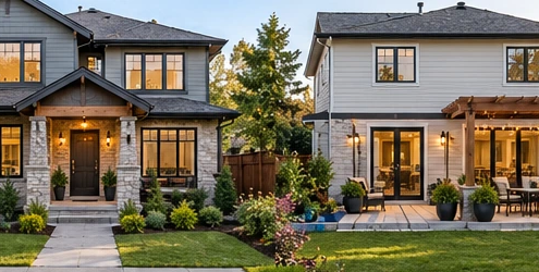 Street-facing entrance and private rear patio illustrate complementary front and back house design choices for a suburban home.
