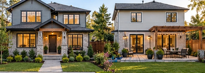 Street-facing entrance and private rear patio illustrate complementary front and back house design choices for a suburban home.