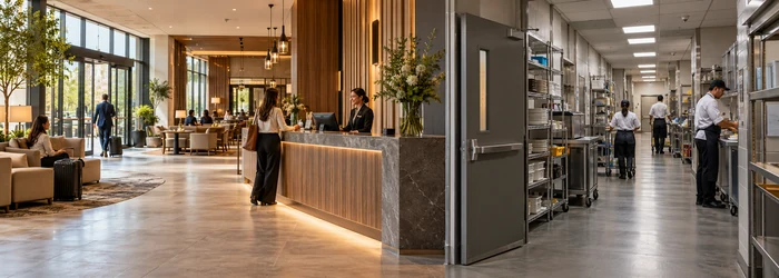 Connected commercial interior showing a welcoming public reception area transitioning to a separate staff service corridor and operations space.