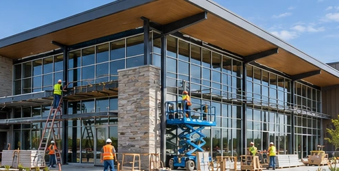 Crew installs storefront glazing and exterior cladding on a broad grocery-store building with a covered entrance canopy.