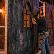 Crew installs braced stud partitions and scenic wall panels inside a seasonal haunted-house attraction, building durable walls for repeated use.