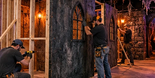 Crew installs braced stud partitions and scenic wall panels inside a seasonal haunted-house attraction, building durable walls for repeated use.