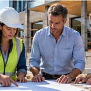 Construction professionals review plans with a client beside a modern building project, representing a general construction company’s planning and delivery work.