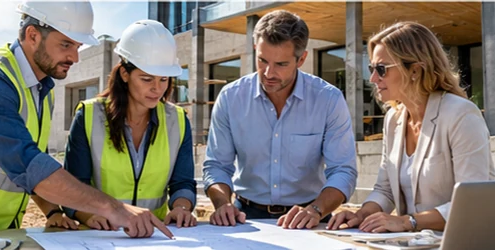 Construction professionals review plans with a client beside a modern building project, representing a general construction company’s planning and delivery work.