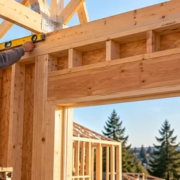 Carpenter checks the top plate at the head of a timber-framed wall above a window opening.
