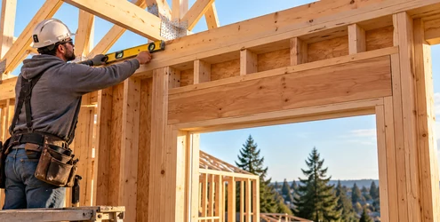 Carpenter checks the top plate at the head of a timber-framed wall above a window opening.