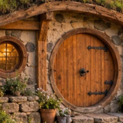 Small earth-sheltered hobbit-style cottage with a turf roof and round timber door, built with simple materials and a homeowner-builder.