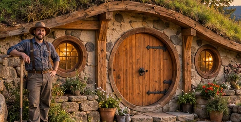 Small earth-sheltered hobbit-style cottage with a turf roof and round timber door, built with simple materials and a homeowner-builder.