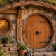 Small earth-sheltered hobbit-style cottage with a turf roof and round timber door, built with simple materials and a homeowner-builder.