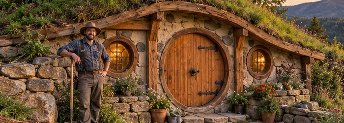 Small earth-sheltered hobbit-style cottage with a turf roof and round timber door, built with simple materials and a homeowner-builder.