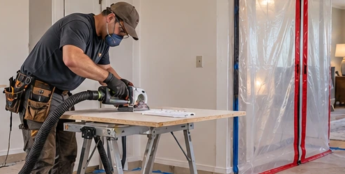 Contractor uses a dust extractor and sealed plastic doorway barrier to keep drywall renovation dust out of the occupied home.