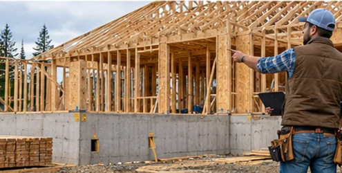 Homeowner and builder inspect a house mid-construction, showing a concrete foundation, timber frame, and roof trusses.