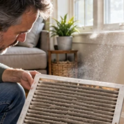 Homeowner inspects a dusty HVAC return filter and grille to trace a common source of indoor dust and improve home air circulation.