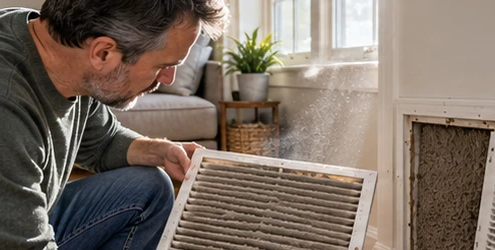 Homeowner inspects a dusty HVAC return filter and grille to trace a common source of indoor dust and improve home air circulation.