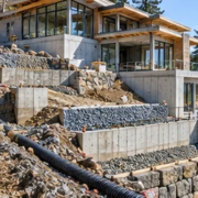 Modern house terraced into a hillside with retaining walls, stepped foundations, and a surveyor checking site levels.
