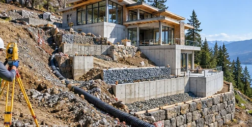 Modern house terraced into a hillside with retaining walls, stepped foundations, and a surveyor checking site levels.