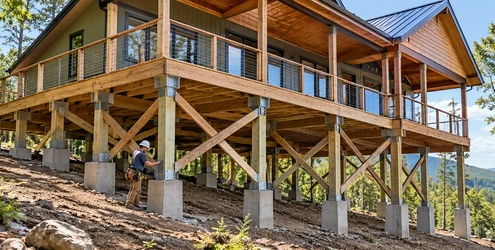 Elevated house on concrete piers with cross-bracing on a hillside, showing its support structure