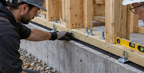 Installer checks anchor bolts and level at the sill plate joining a wood-framed wall to its concrete foundation.