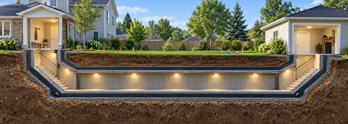 Architectural cutaway showing a lit underground passage connecting a house and detached garage, with reinforced lining and perimeter drainage.