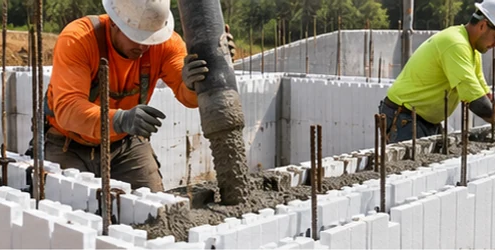 Construction crew pours concrete into insulated form blocks around reinforcing bars to create an ICF wall.
