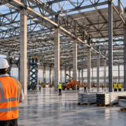 Site engineers review plans inside a large steel-framed industrial building under construction.