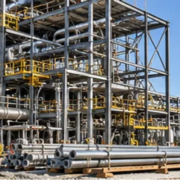 Industrial facility under construction with process pipes, tanks, steel framing, lifting equipment and workers in safety gear.