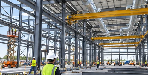 Industrial manufacturing facility under construction with a steel frame, overhead crane rails, and a crew installing building systems.