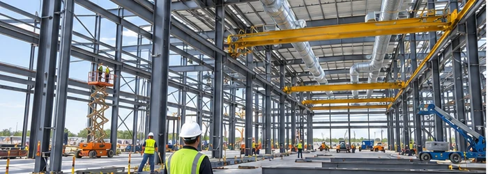 Industrial manufacturing facility under construction with a steel frame, overhead crane rails, and a crew installing building systems.
