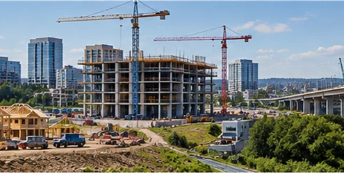 Residential houses, commercial buildings, and a bridge project under construction show different kinds of construction.