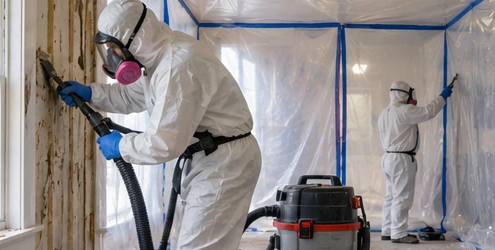 Renovation crew works inside plastic containment using respirators and HEPA extraction as part of lead-safe practice.