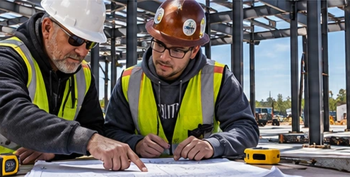 Foreperson shows an apprentice how to measure a commercial building layout against a plan, demonstrating hands-on construction training.