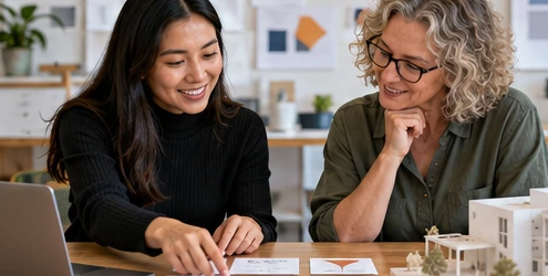 Educator and instructional designer arrange architecture course materials beside a building model and laptop, illustrating learning-content design.