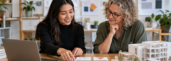 Educator and instructional designer arrange architecture course materials beside a building model and laptop, illustrating learning-content design.