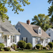 Postwar Cape Cod homes line a planned Levittown-style suburb, illustrating standardized, affordable mass housing after World War II.